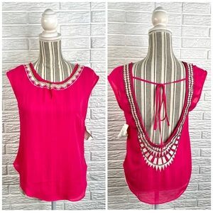 Filly Flair Sheer Pink Embroidered Trim Open Back Tank Top Size Small